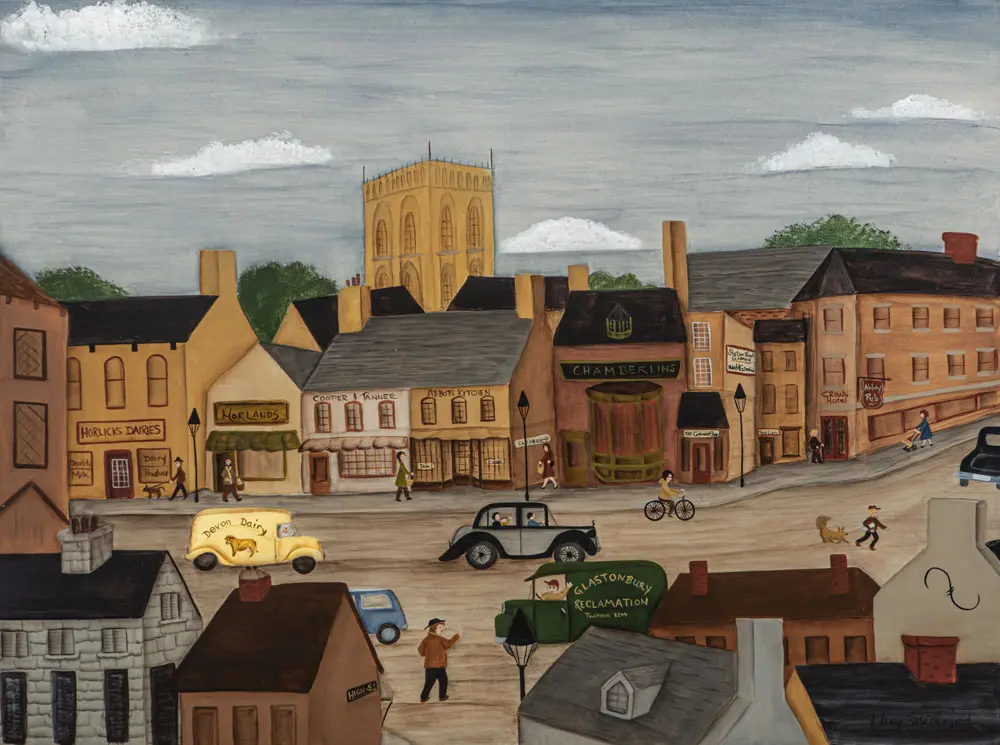 Vintage town street scene with cars