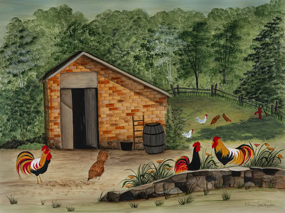 Rustic barnyard with colorful chickens