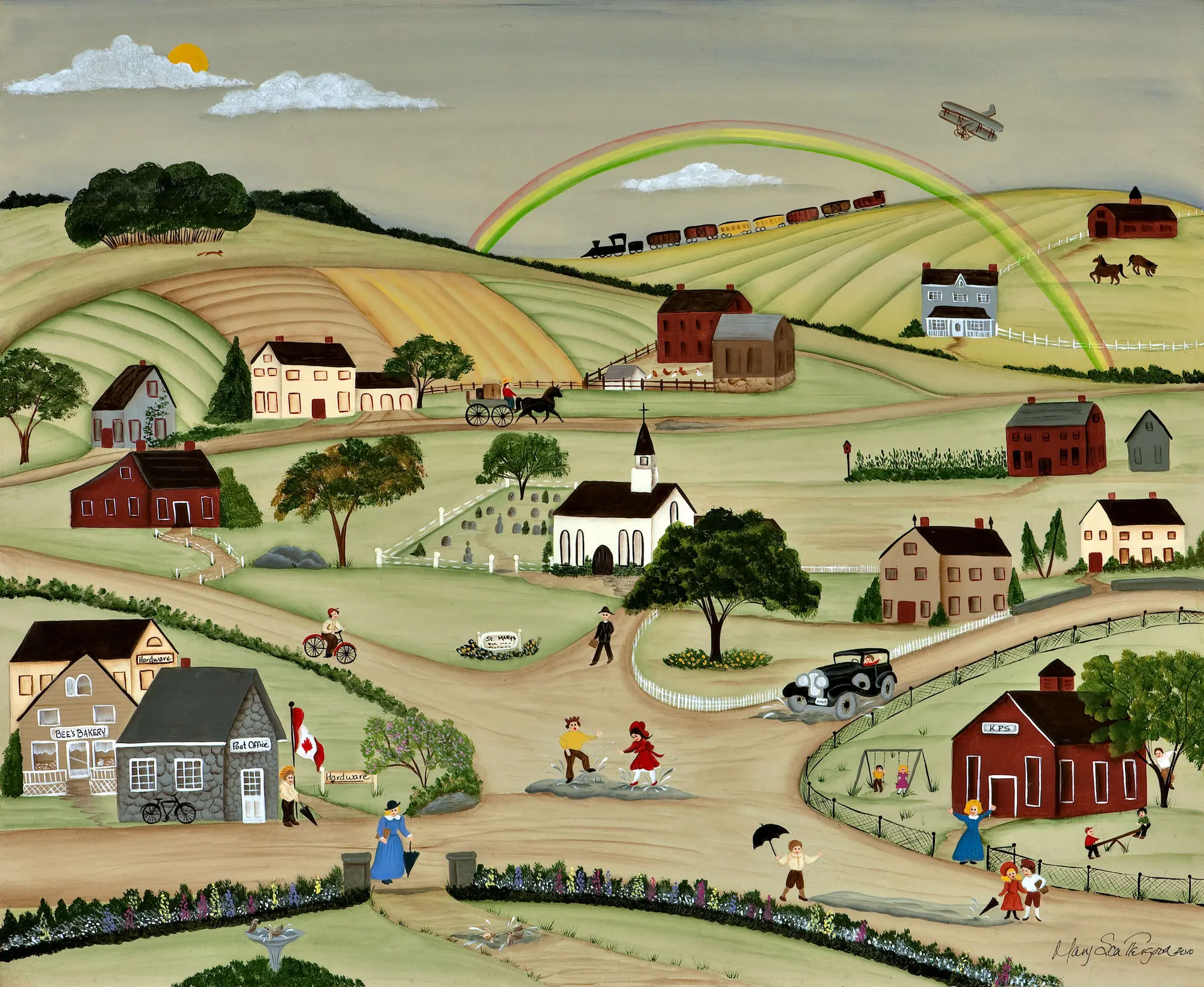 Colorful countryside village scene with rainbow