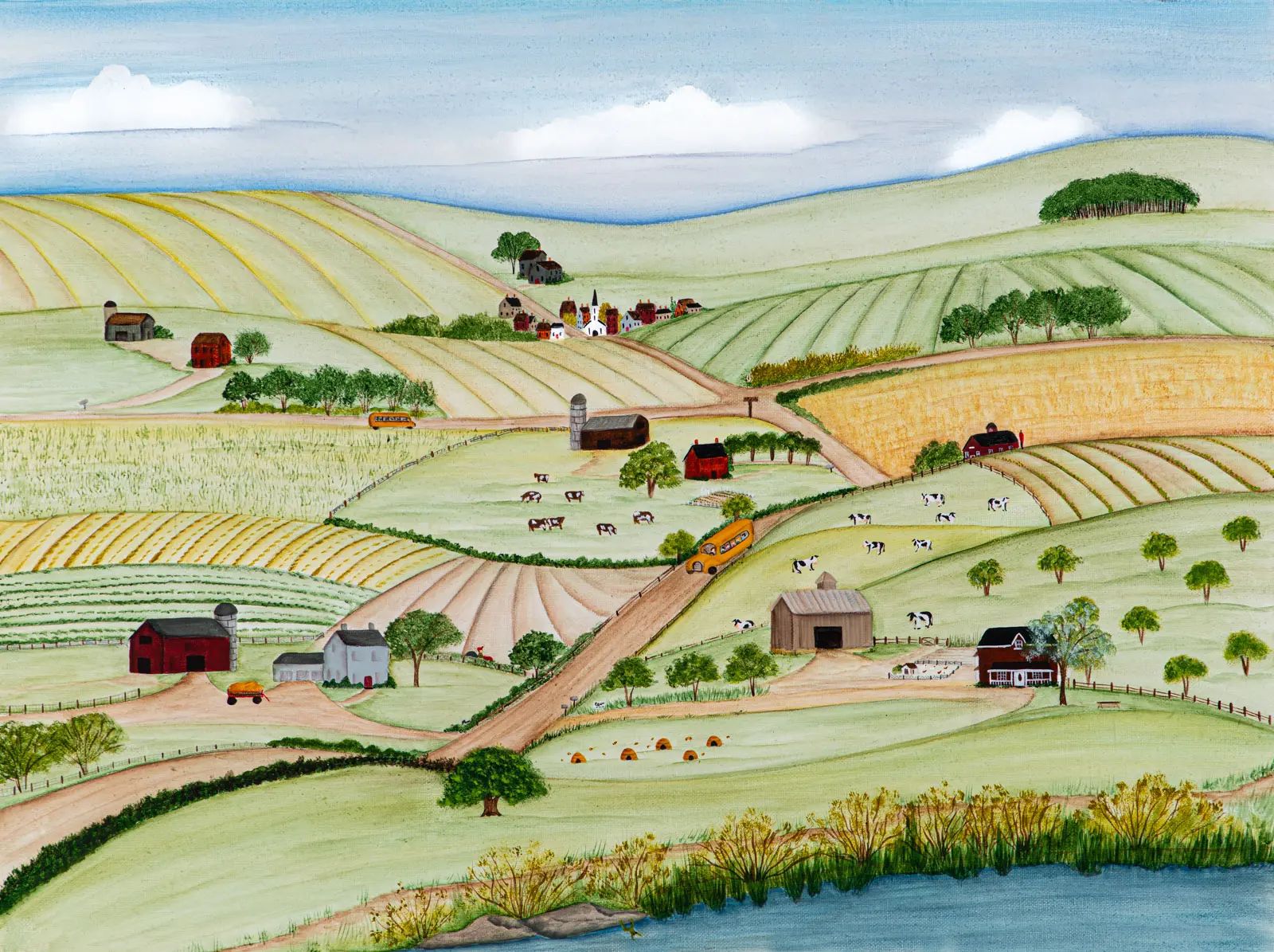 Scenic farmland illustration with rolling hills