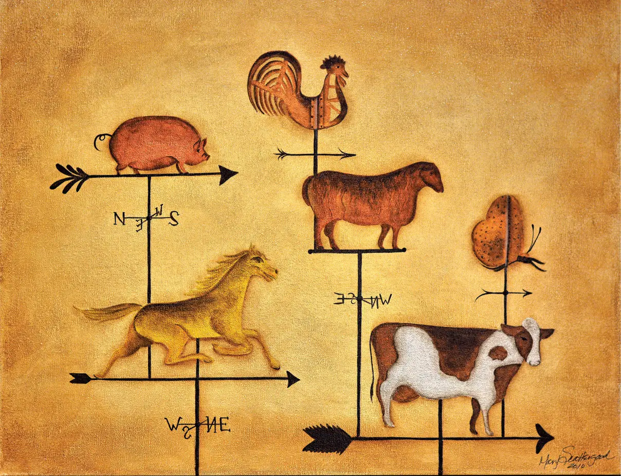 Farm animals on a weather vane illustration