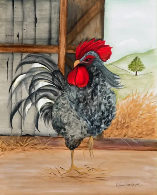 Vibrant rooster near wooden barn