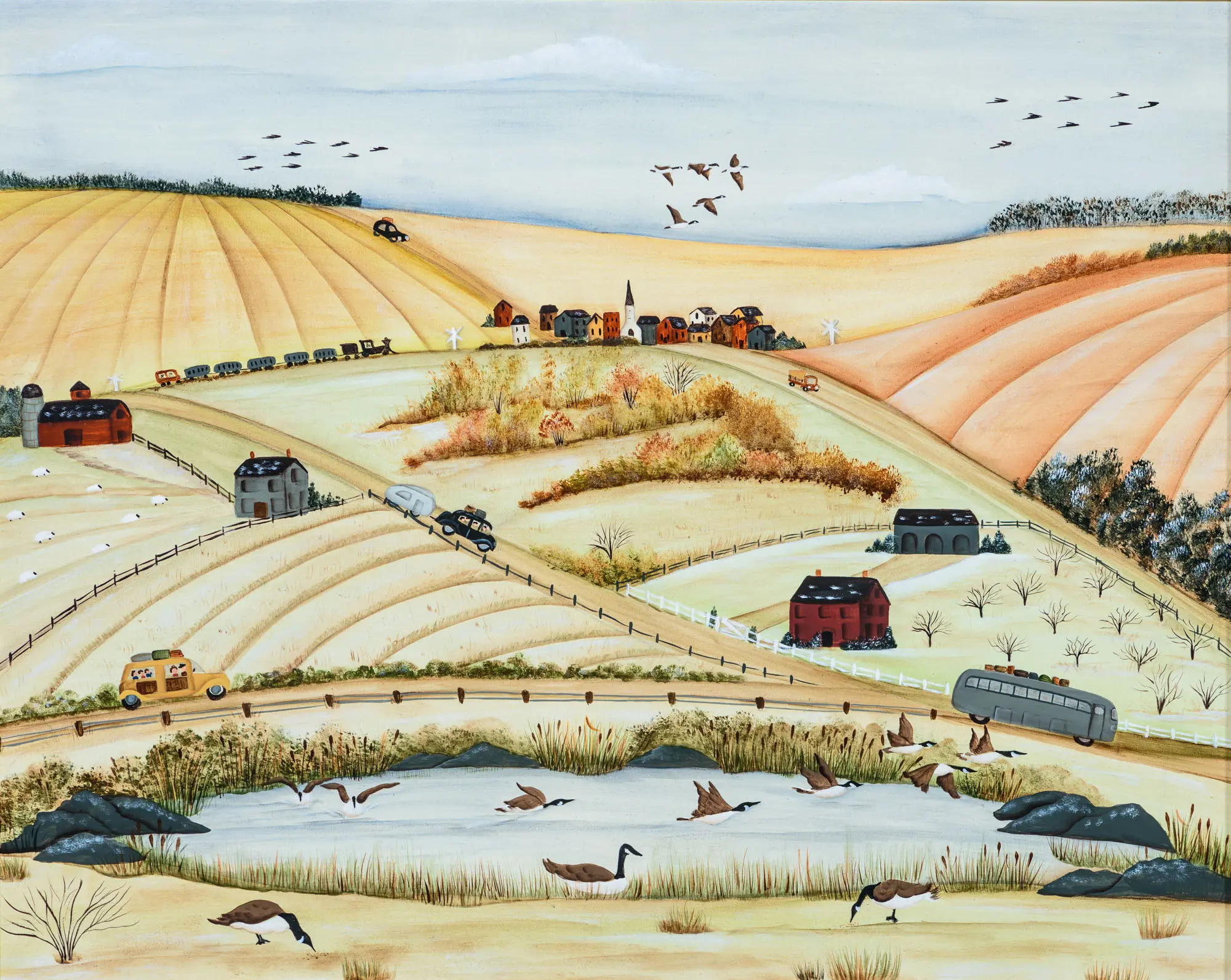Idyllic rural scene with fields and pond
