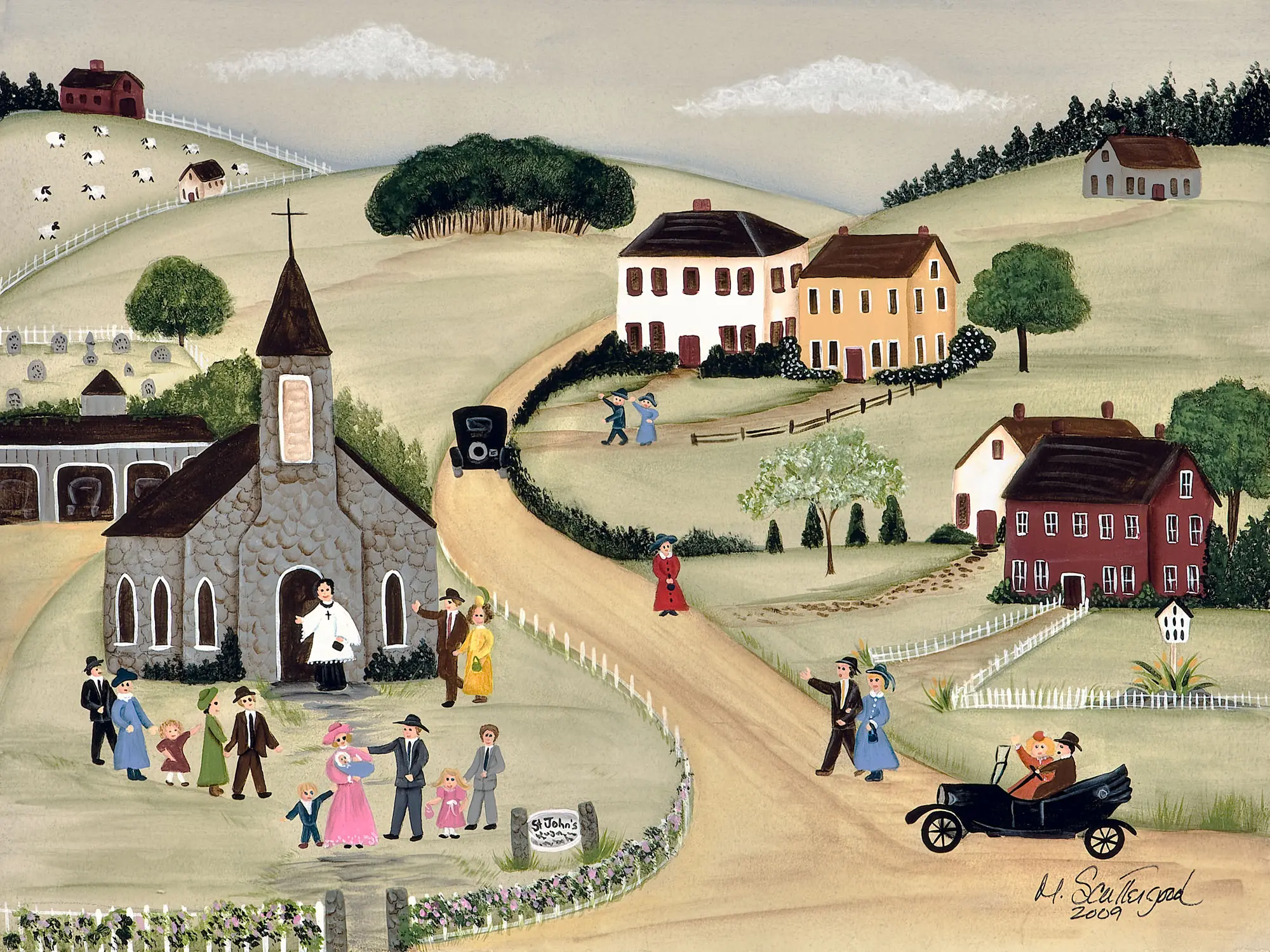 Vintage countryside scene with churchgoers