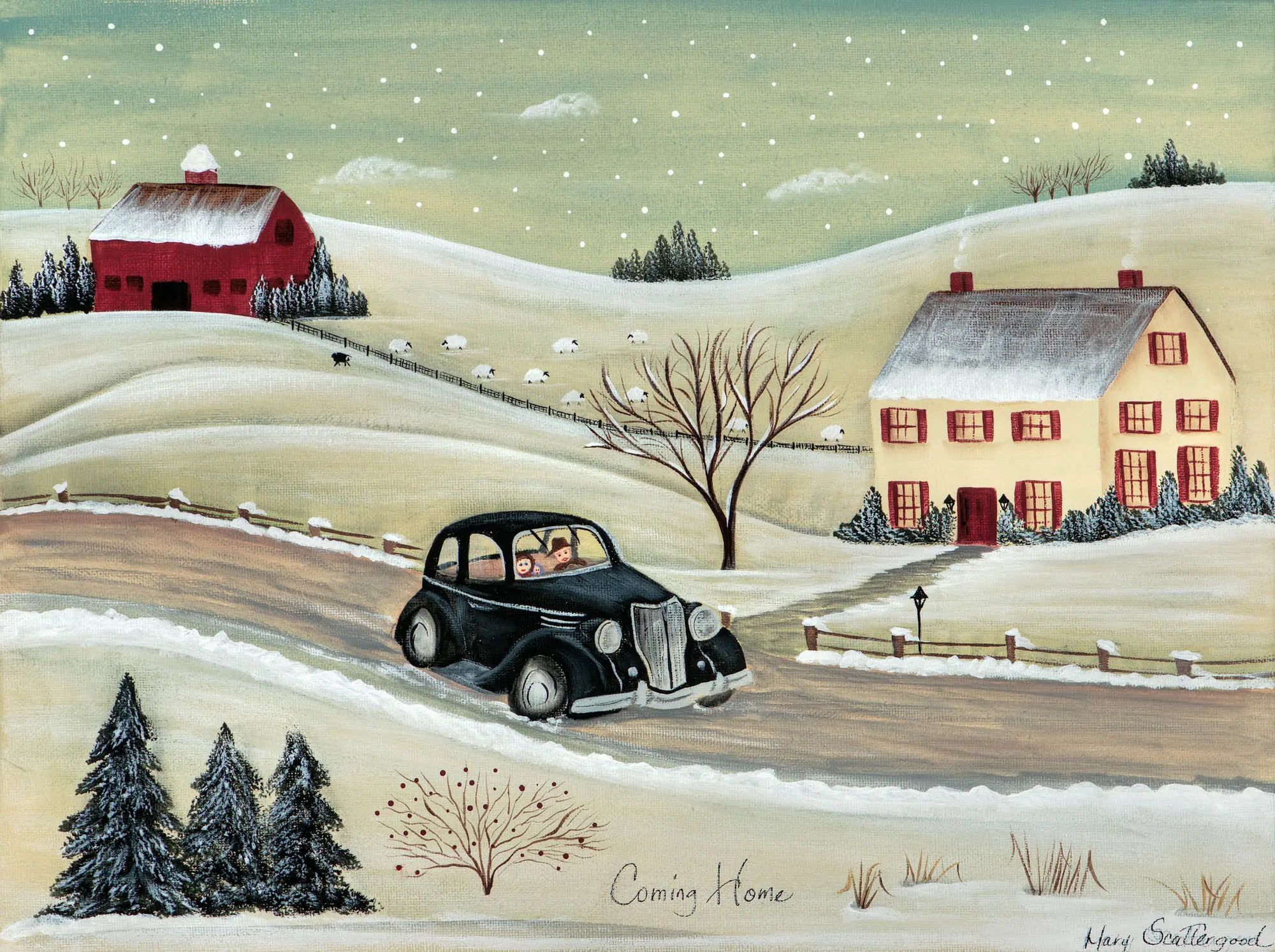 Vintage car on snowy country road