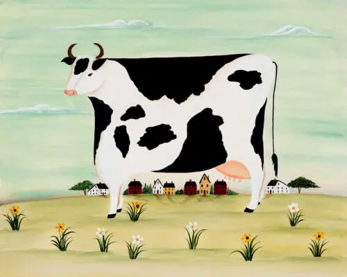Surreal cow art with flowers