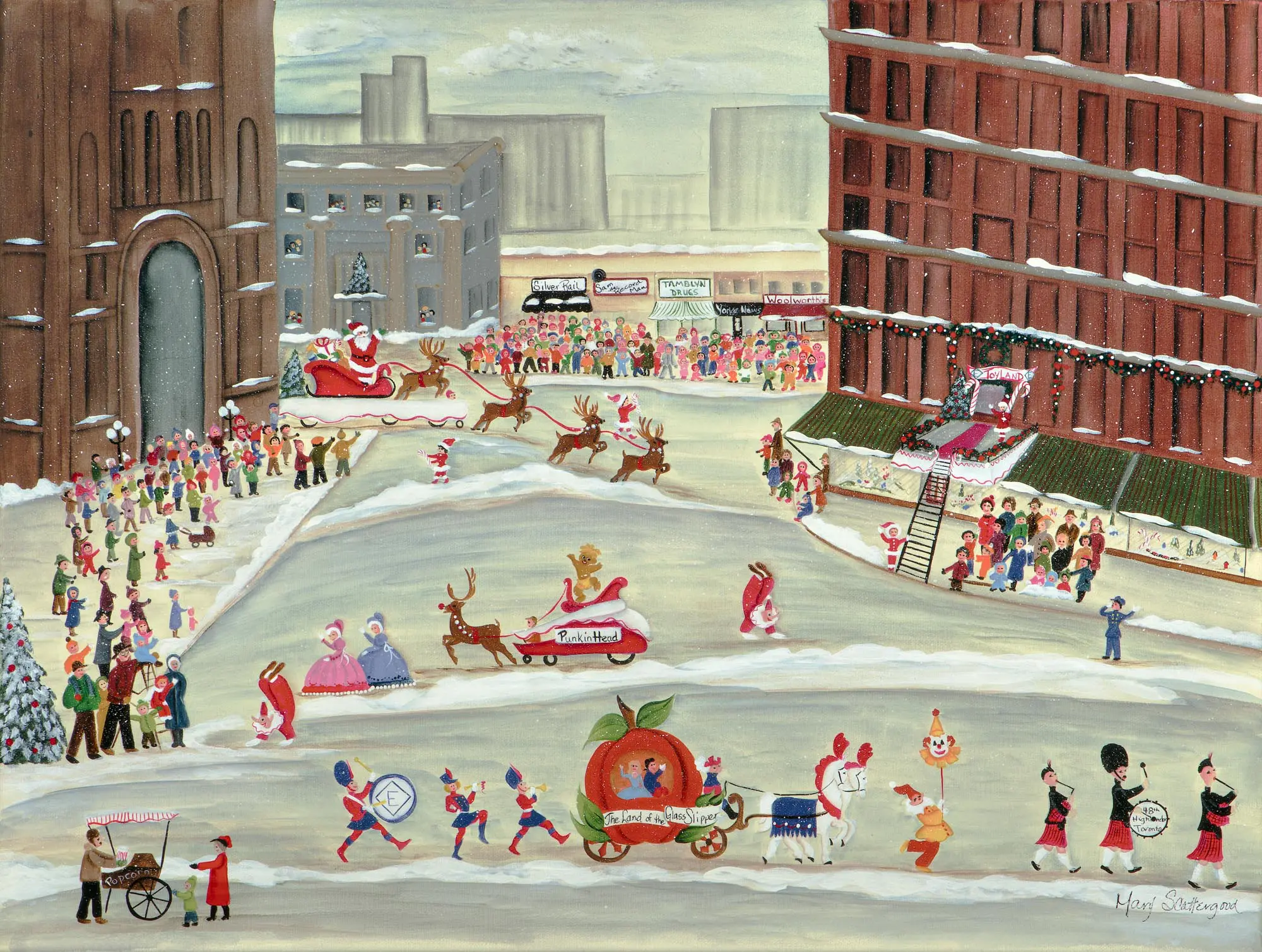 Festive city street with parade floats