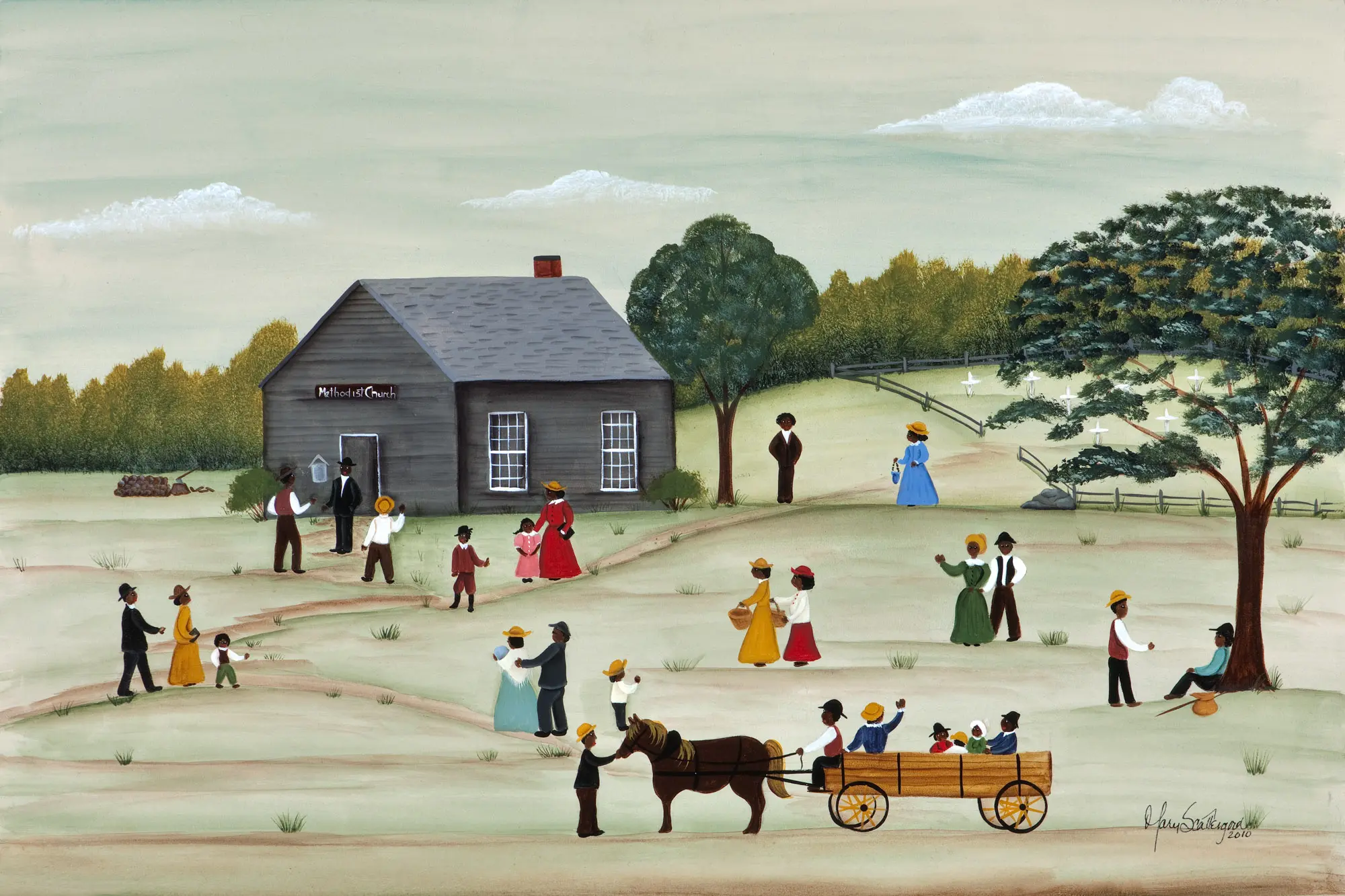 Historical community gathering outside a schoolhouse