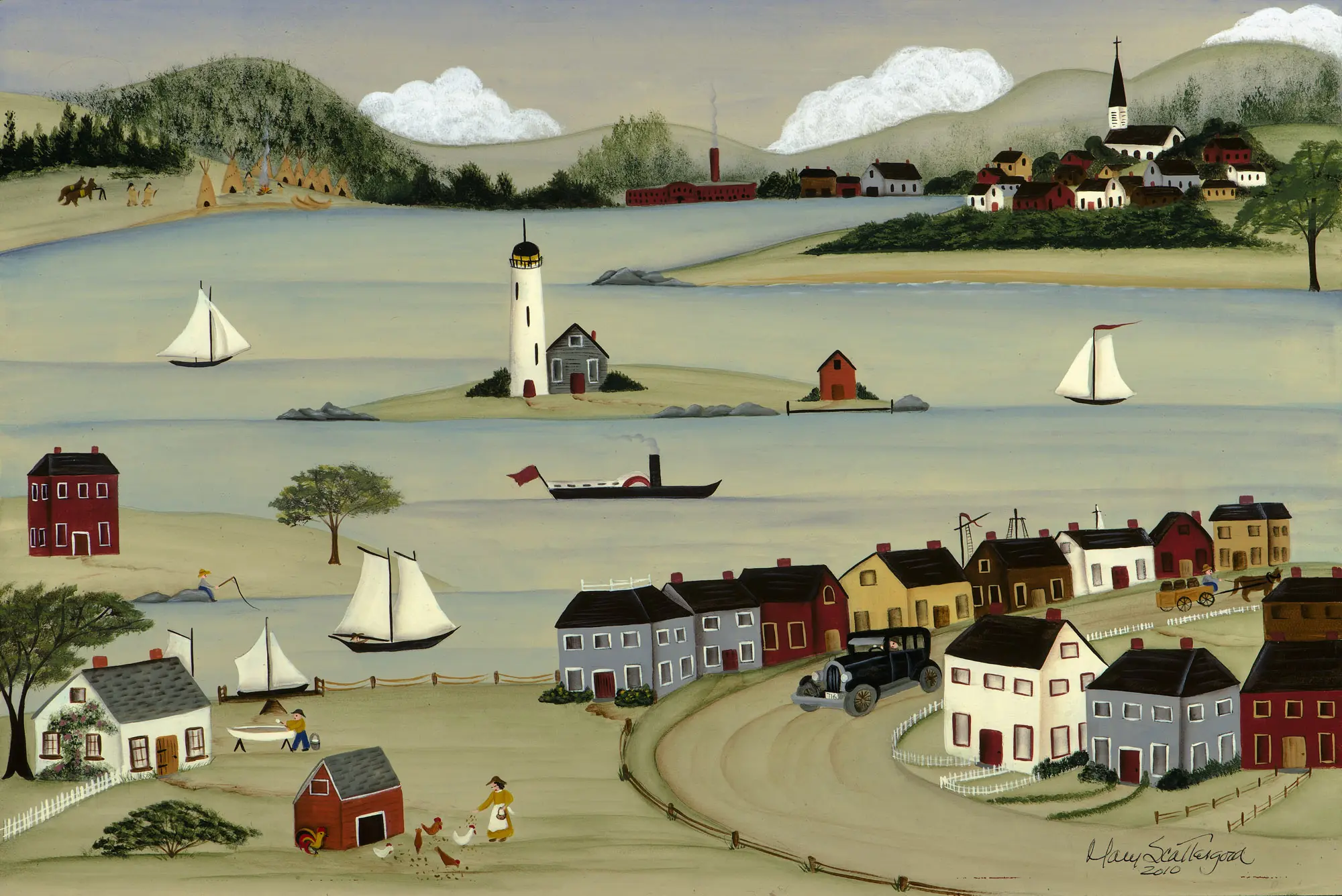 Rural landscape featuring lighthouse and houses