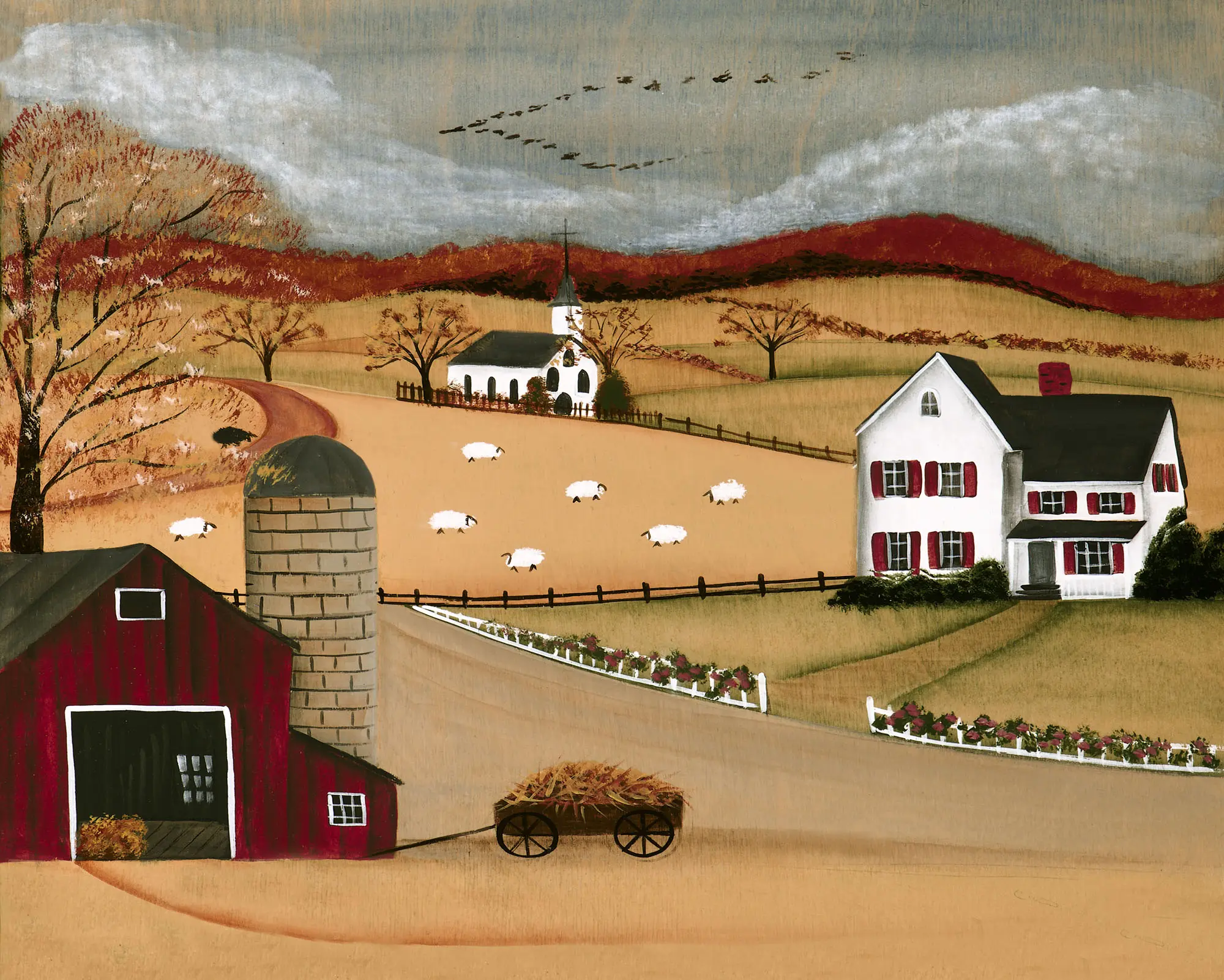 Farmhouse and barn in autumn landscape