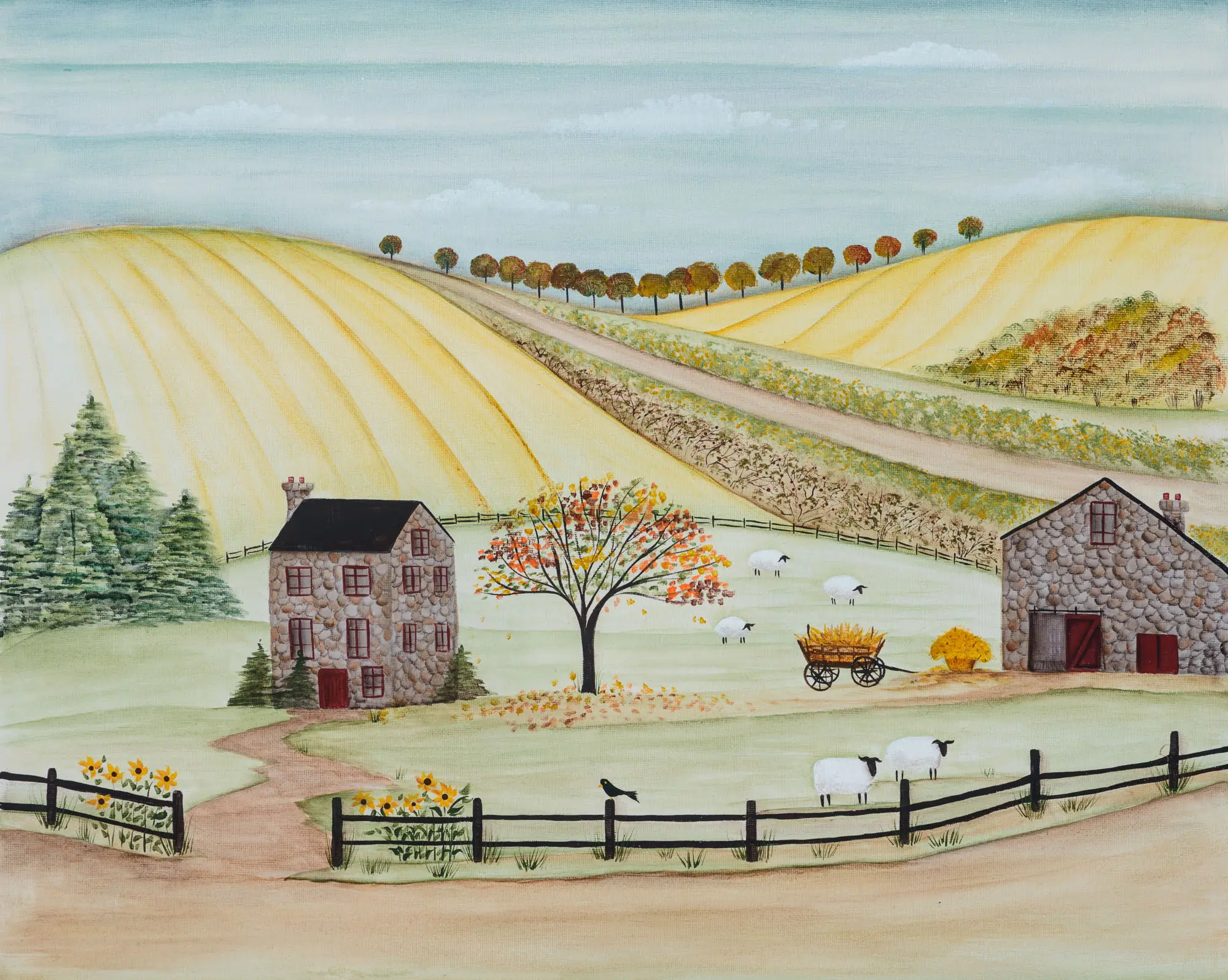 Autumn farm scene with stone buildings