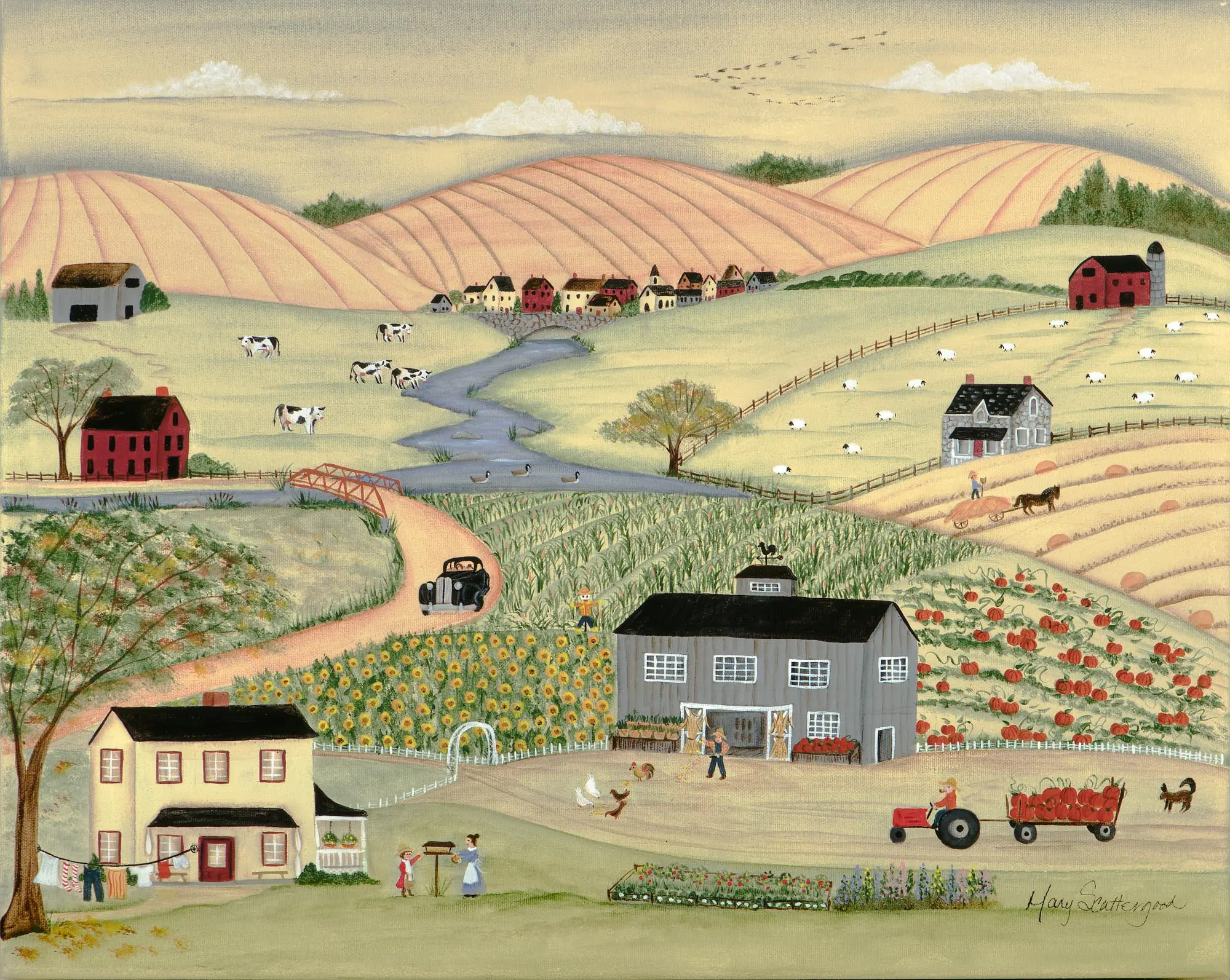 Countryside illustration featuring barns and agriculture
