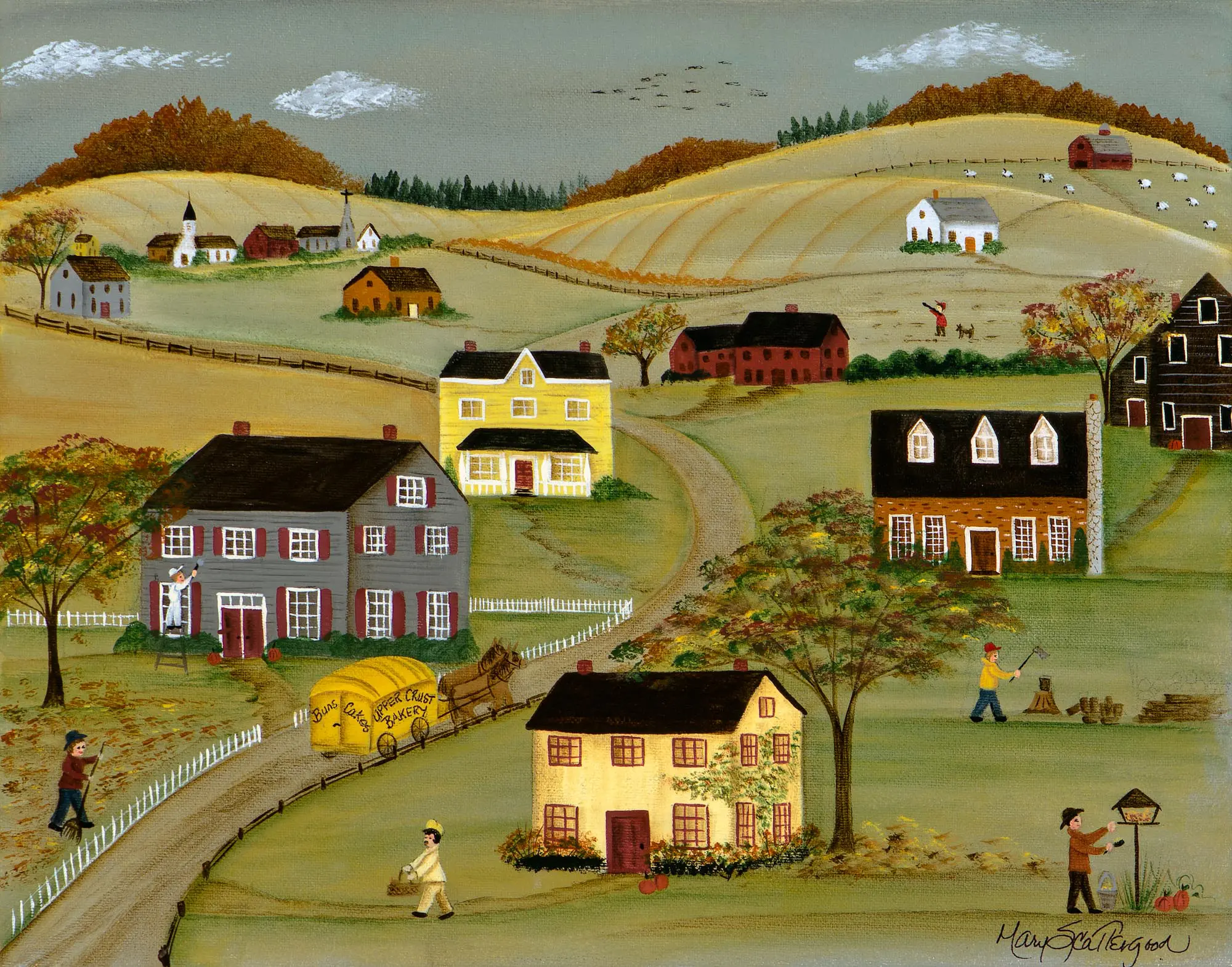 Rural village scene with colorful houses