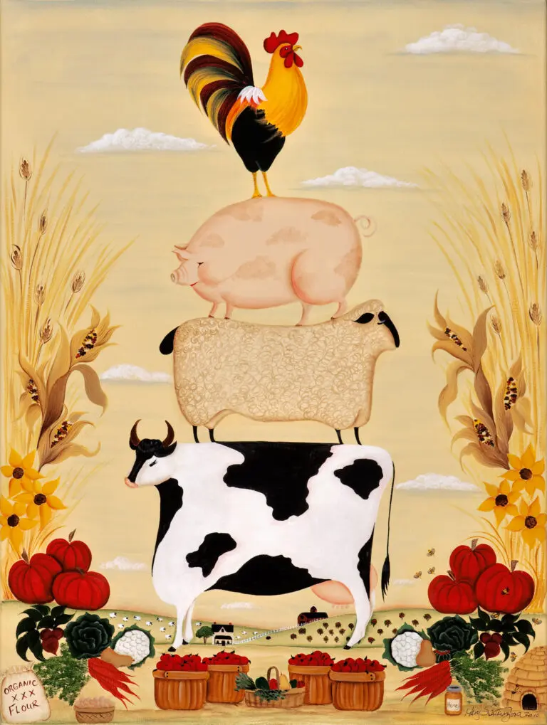 Farm animals stacked in a whimsical tower