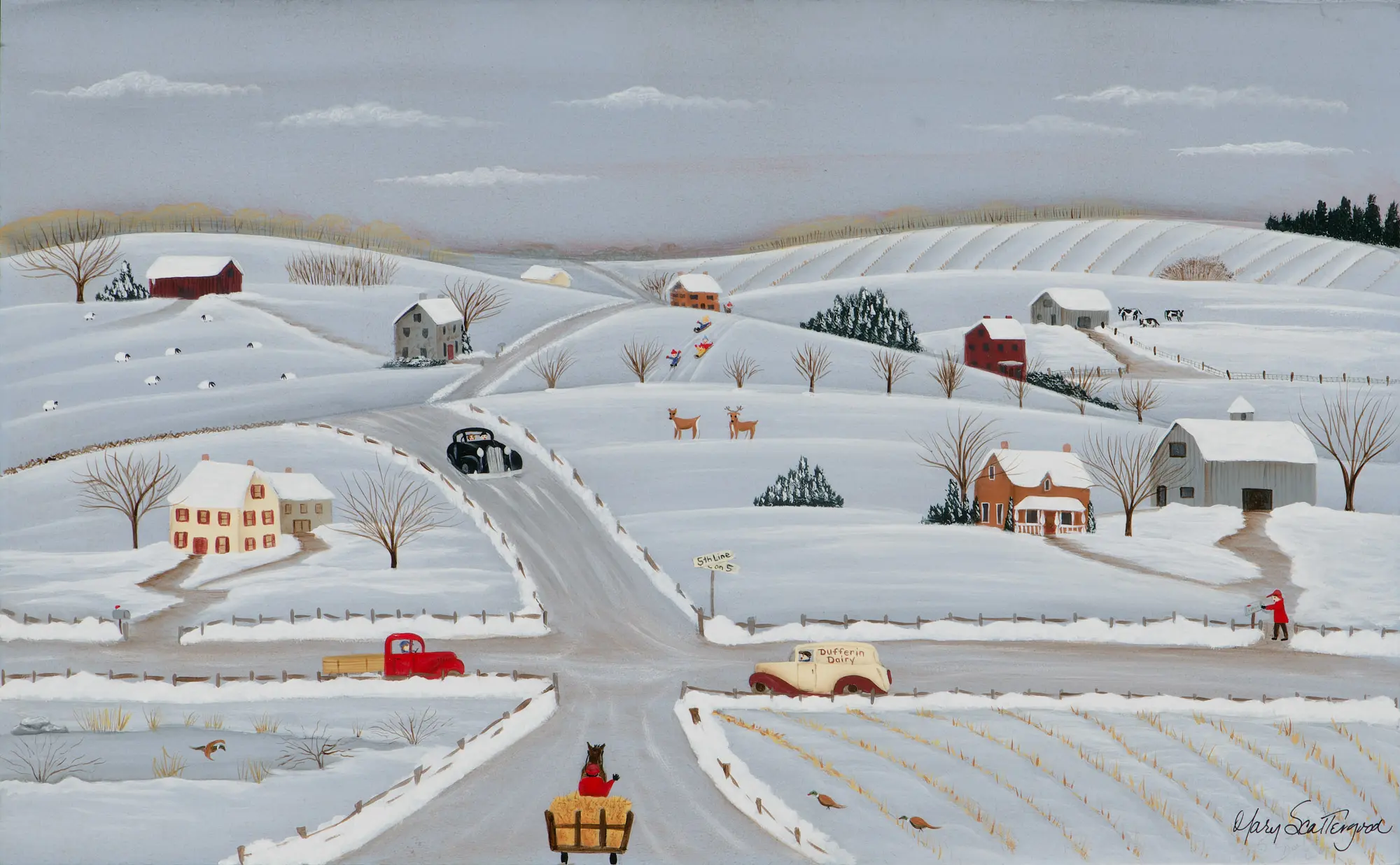 Snowy village with animals and houses