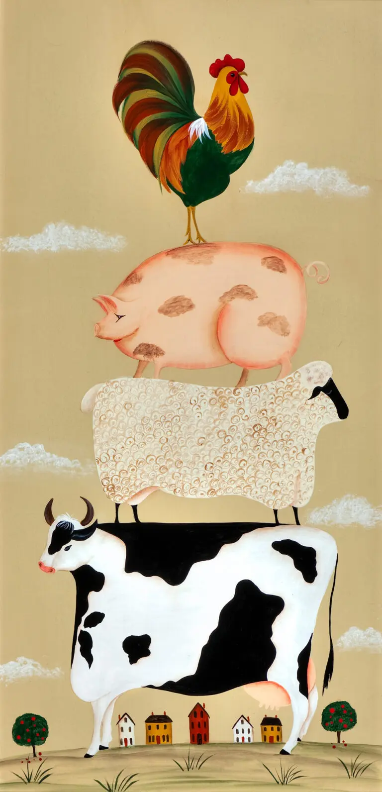Farm animals stacked in whimsical art