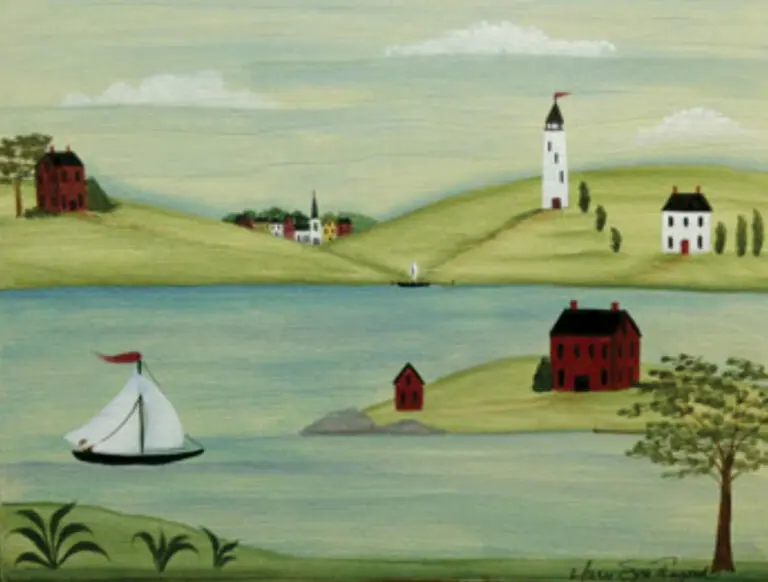 Sailboat on serene lake with lighthouse