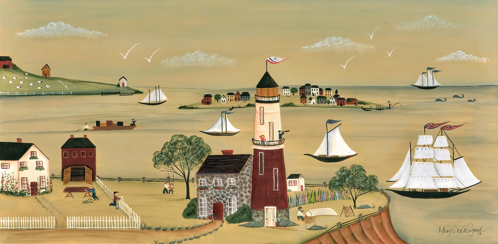 Coastal village with lighthouse and boats