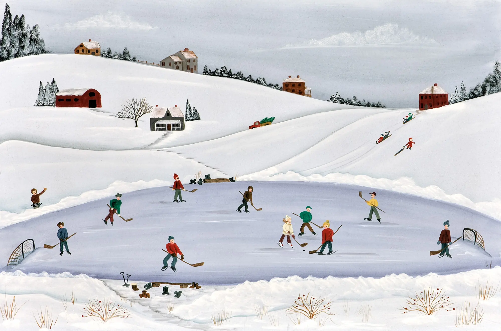 Snowy landscape with skaters on frozen pond