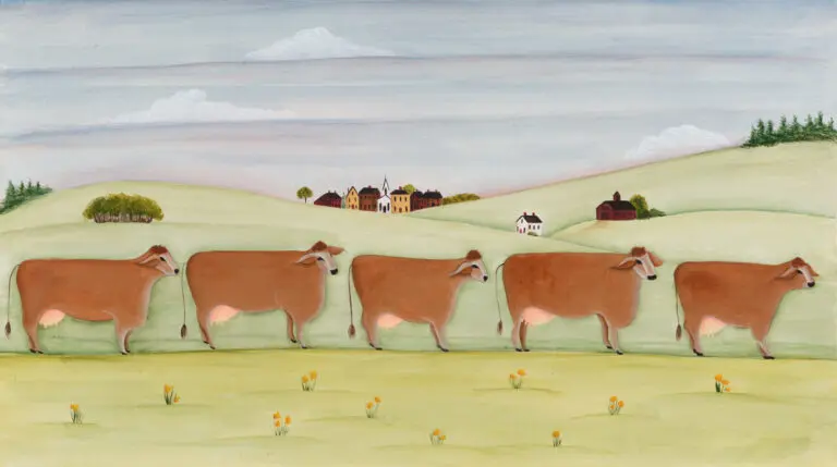 Cows grazing in a stylized rural landscape.