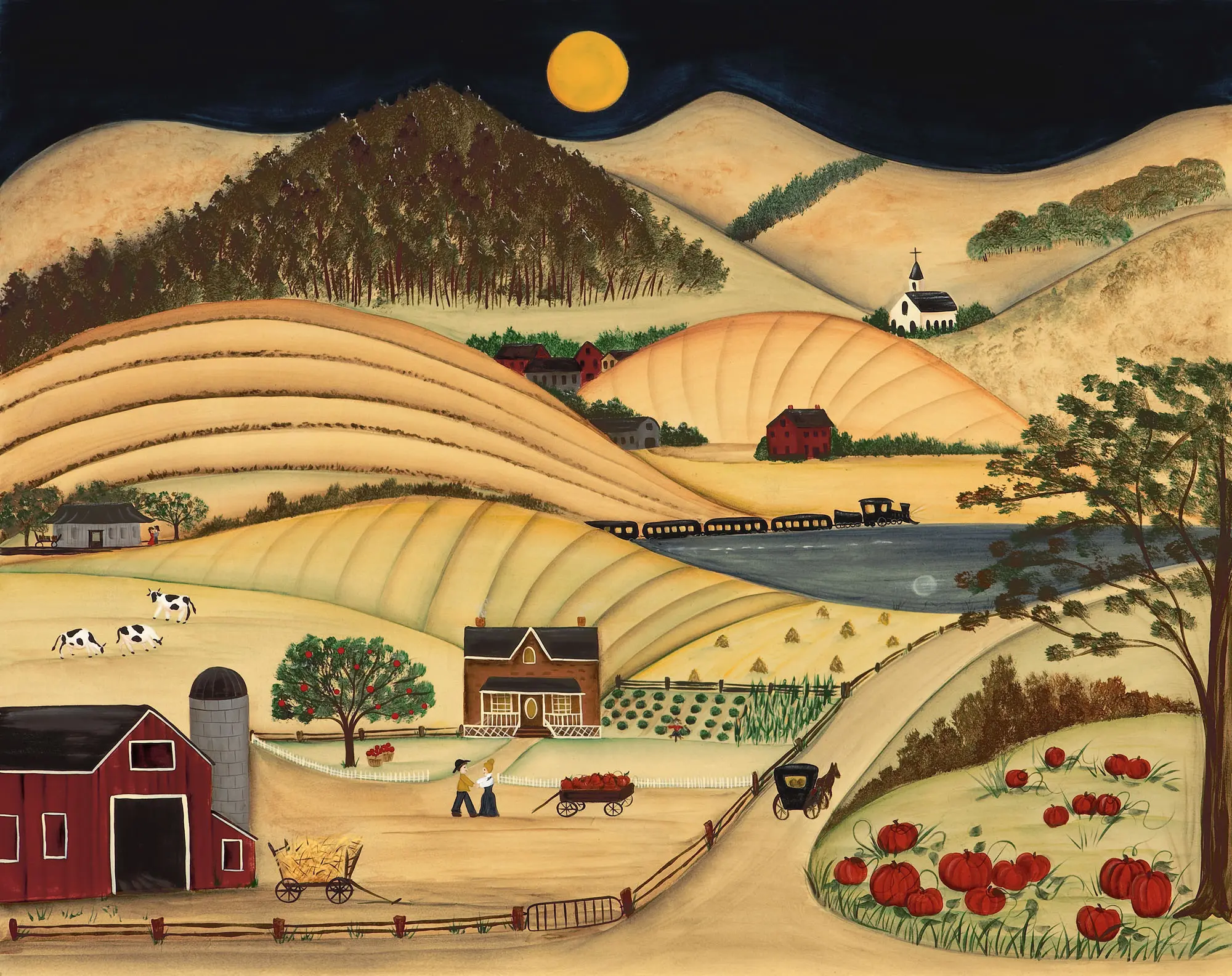 Countryside scene under a full moon