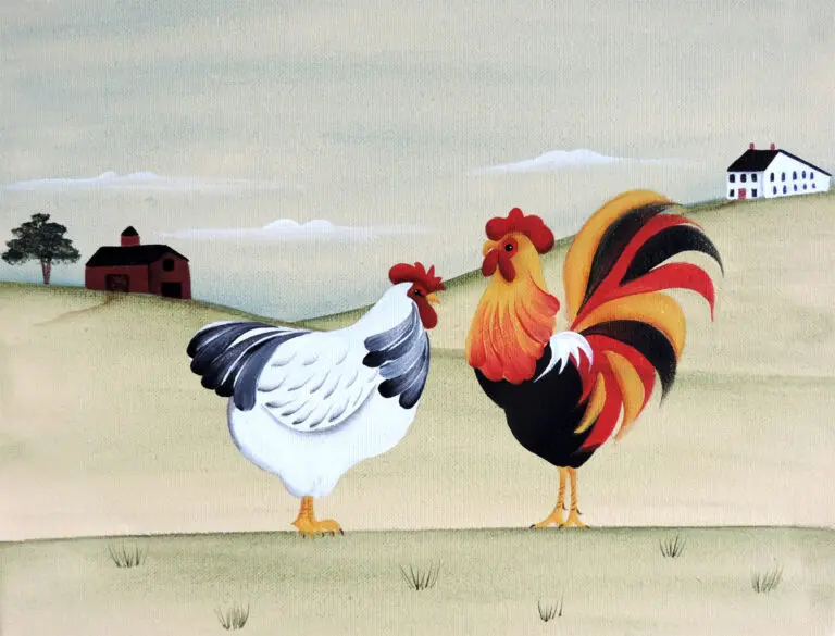 Rooster and hen in countryside painting