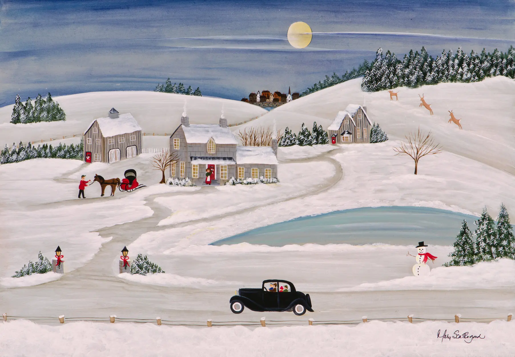 Moonlit snowy village with horse and sleigh