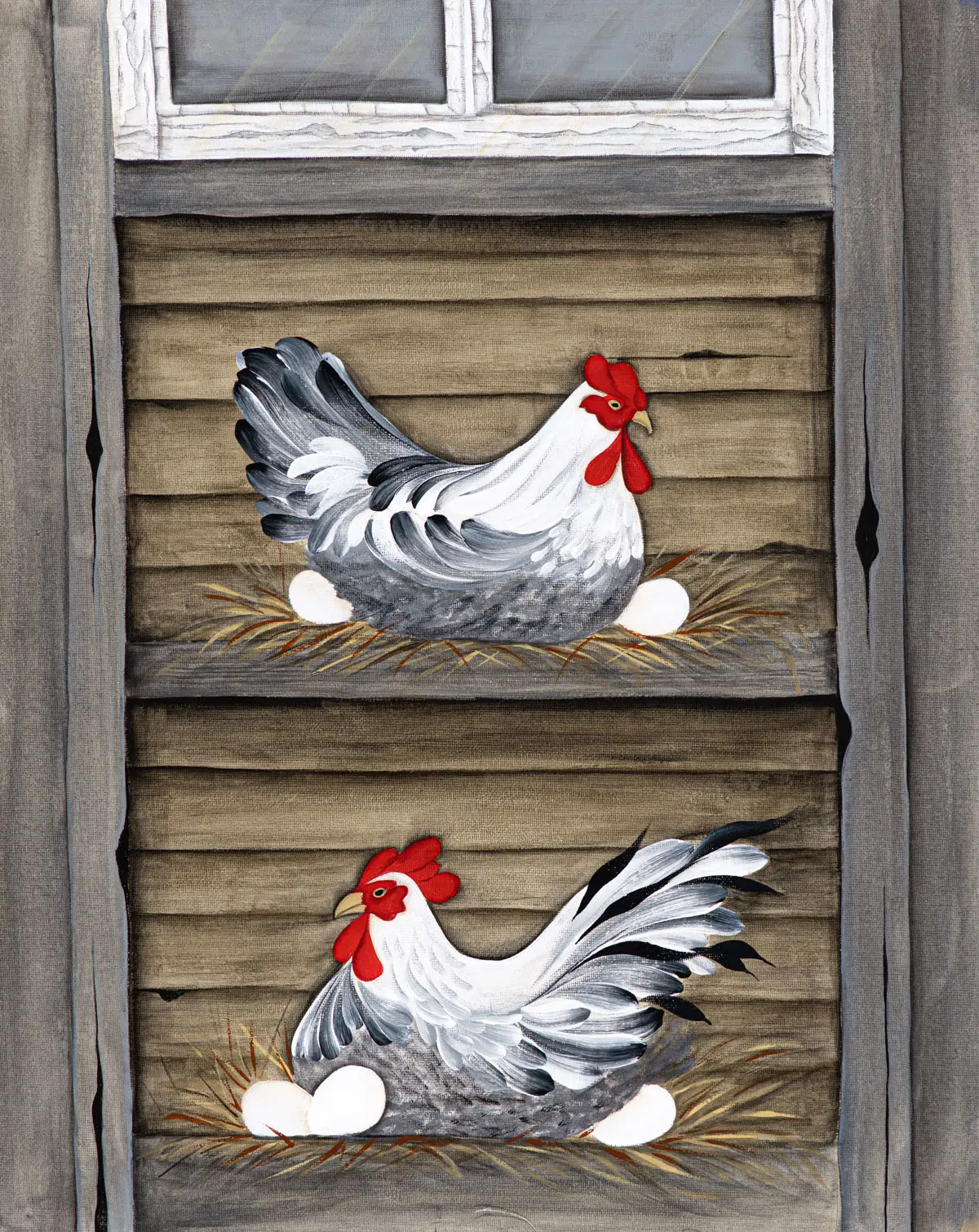 Farm chickens laying eggs in barn