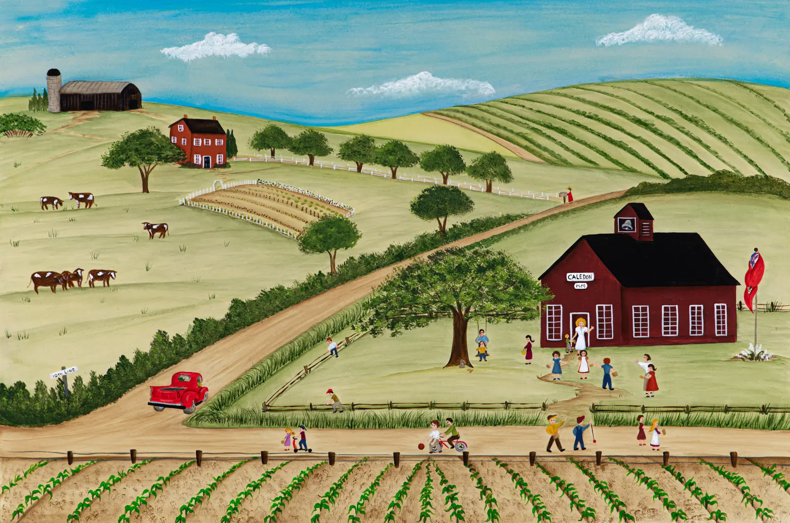 Farm life with red barn and cows