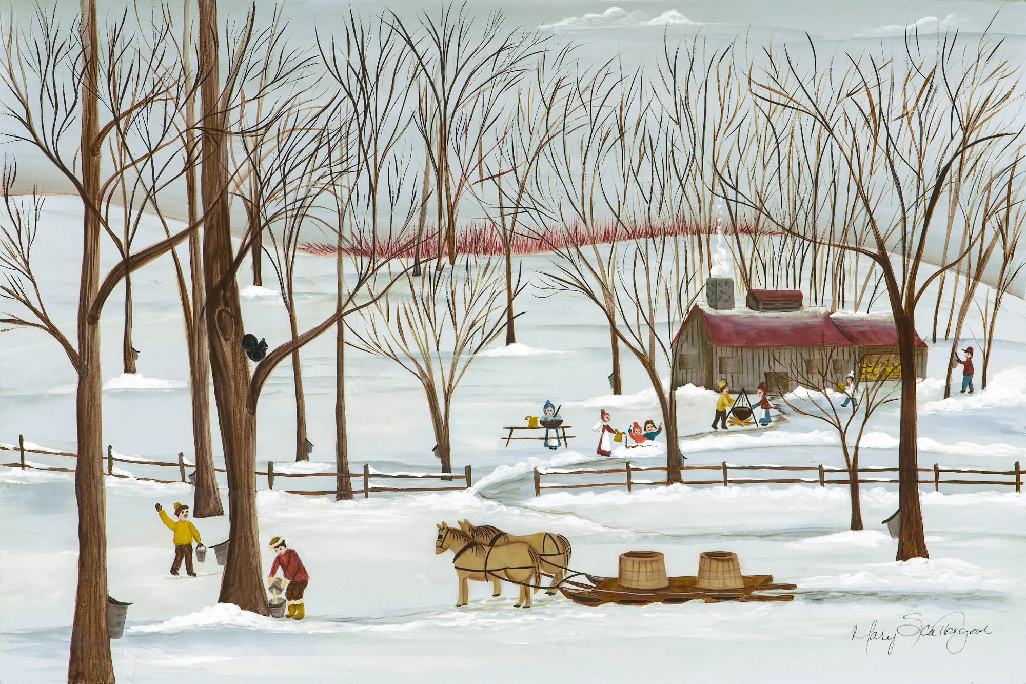 Snowy landscape with trees and cabin