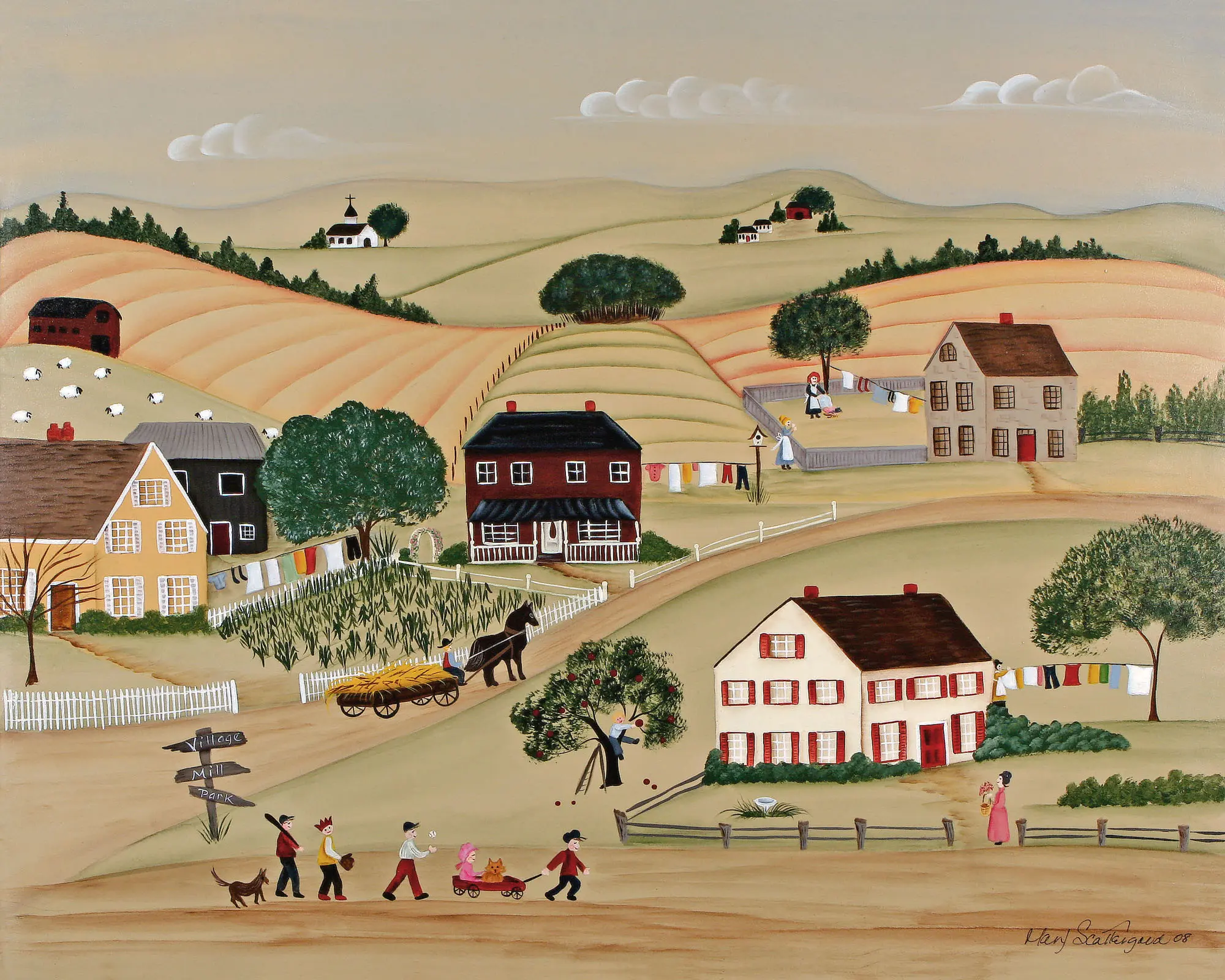 Countryside scene with houses and fields