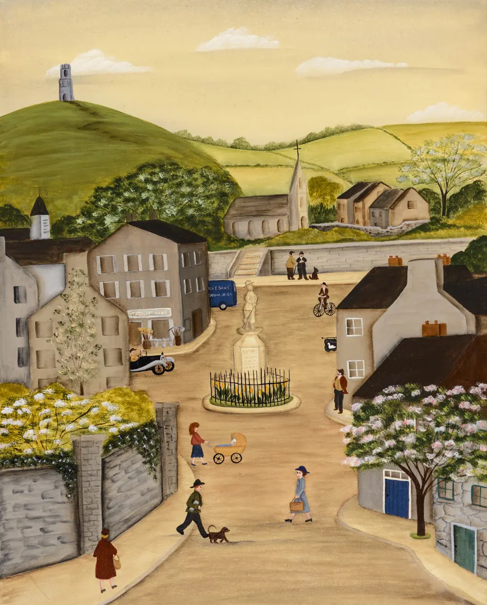 Village scene with church and statue