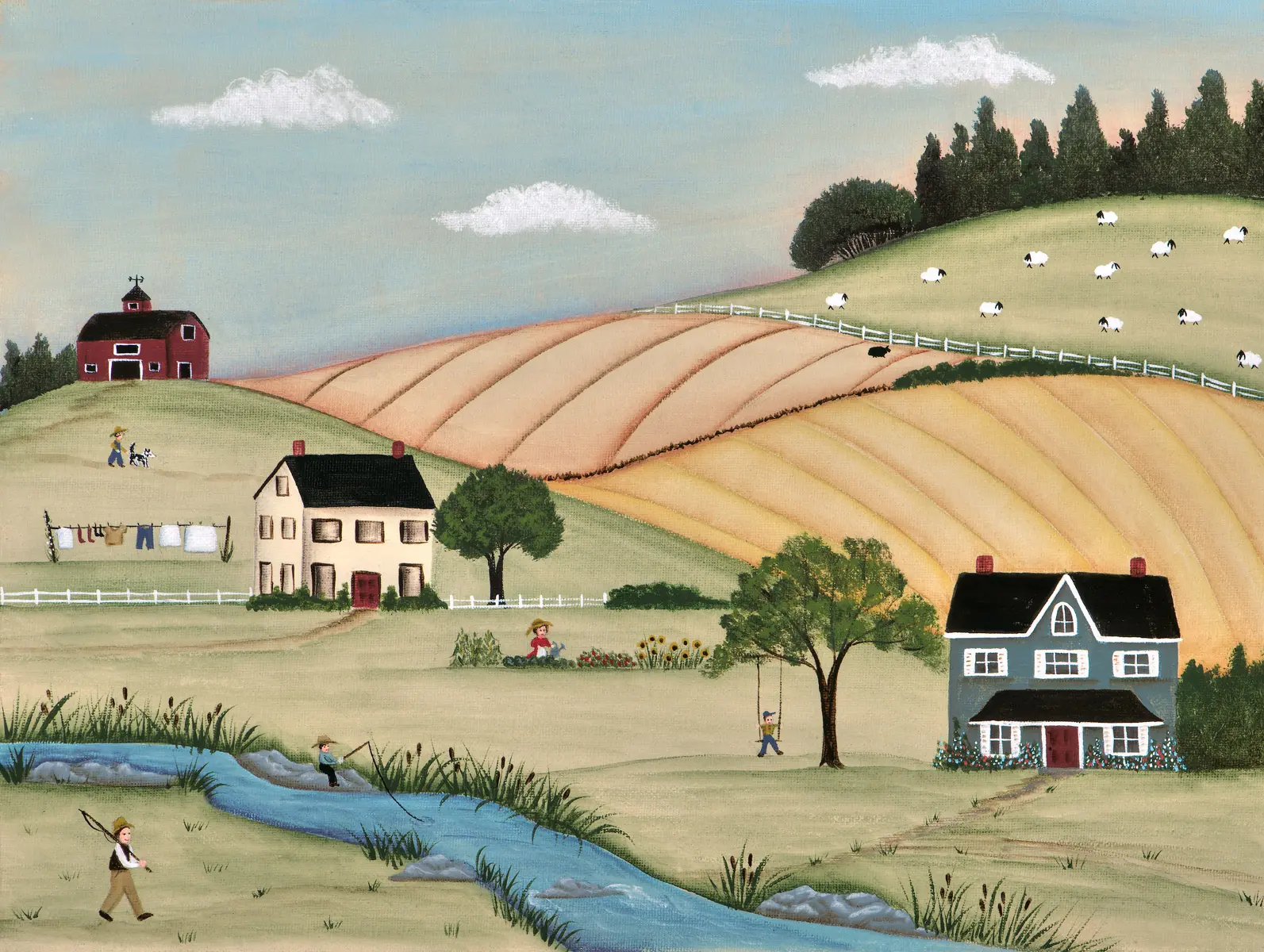 Farm landscape with sheep and river