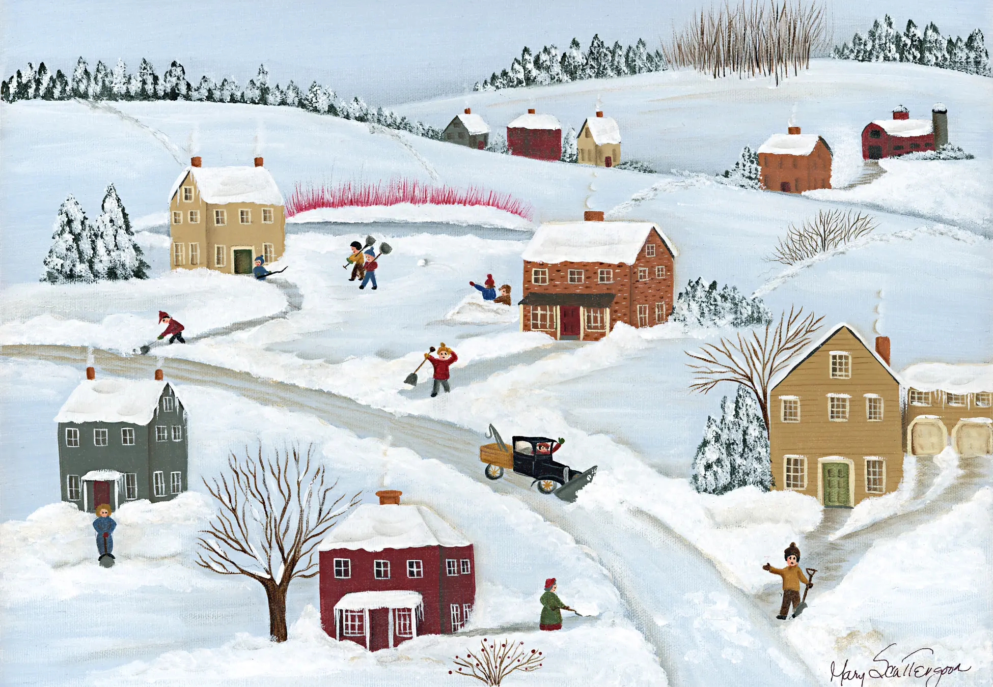 People enjoying winter activities in snowy village