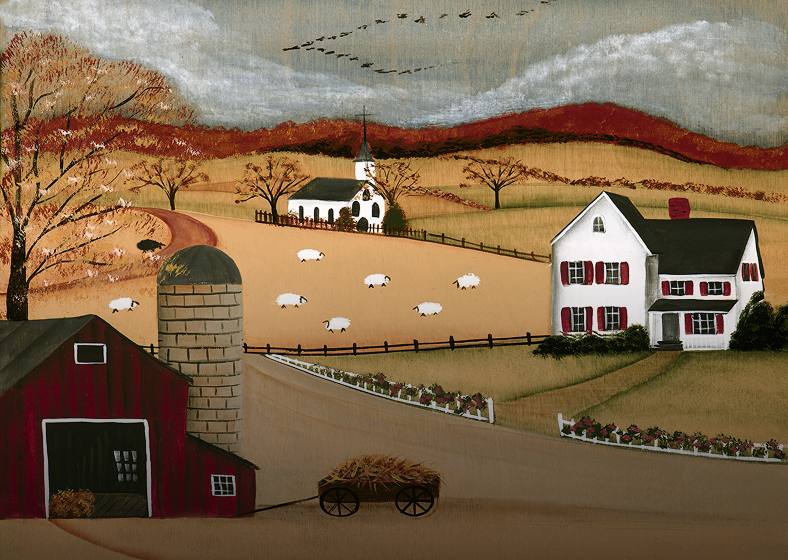 Autumn countryside scene with barn and silo