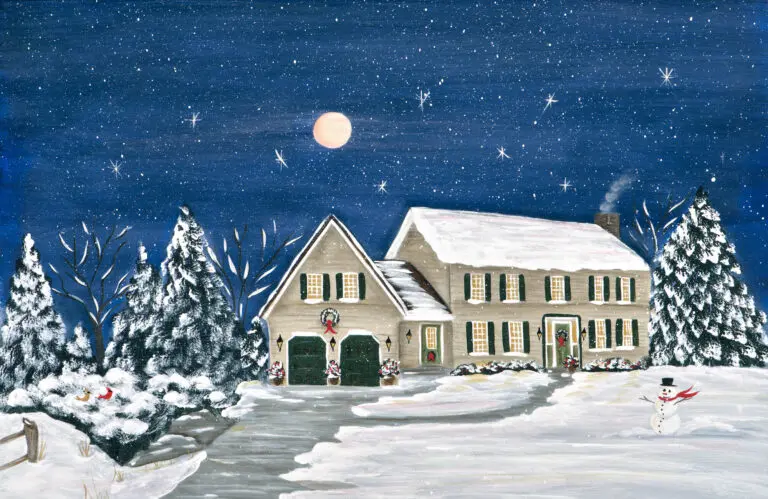 Moonlit snowy landscape with cozy home