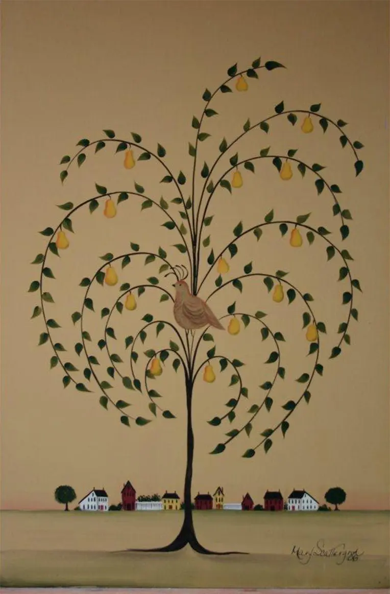 Stylized tree with pears and bird