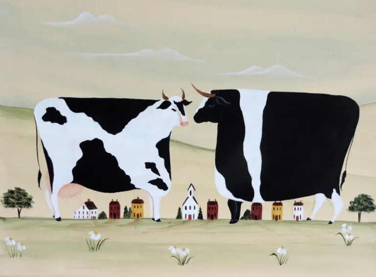 Artistic depiction of cows and small houses