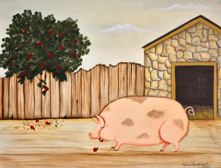 Farm pig beside stone barn