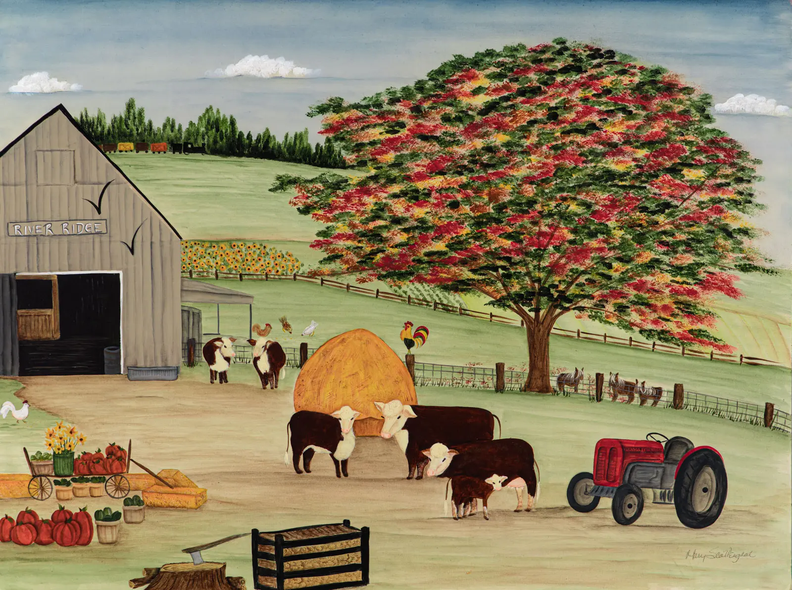 Farm scene with cows and tractor