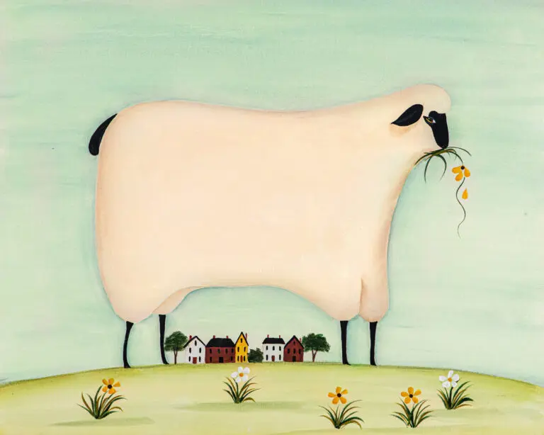 Sheep eating flowers with houses below