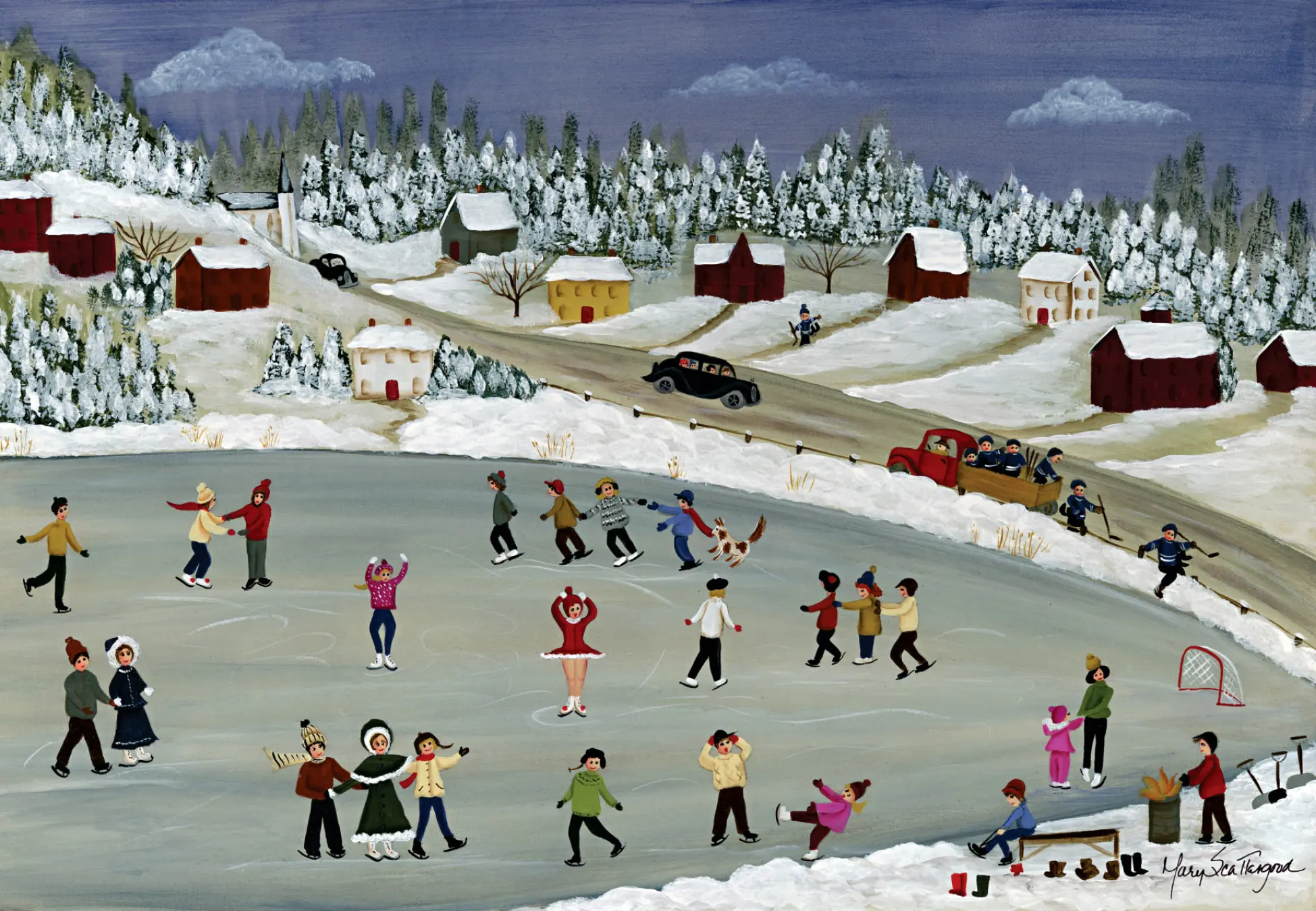 Winter ice skating scene with people