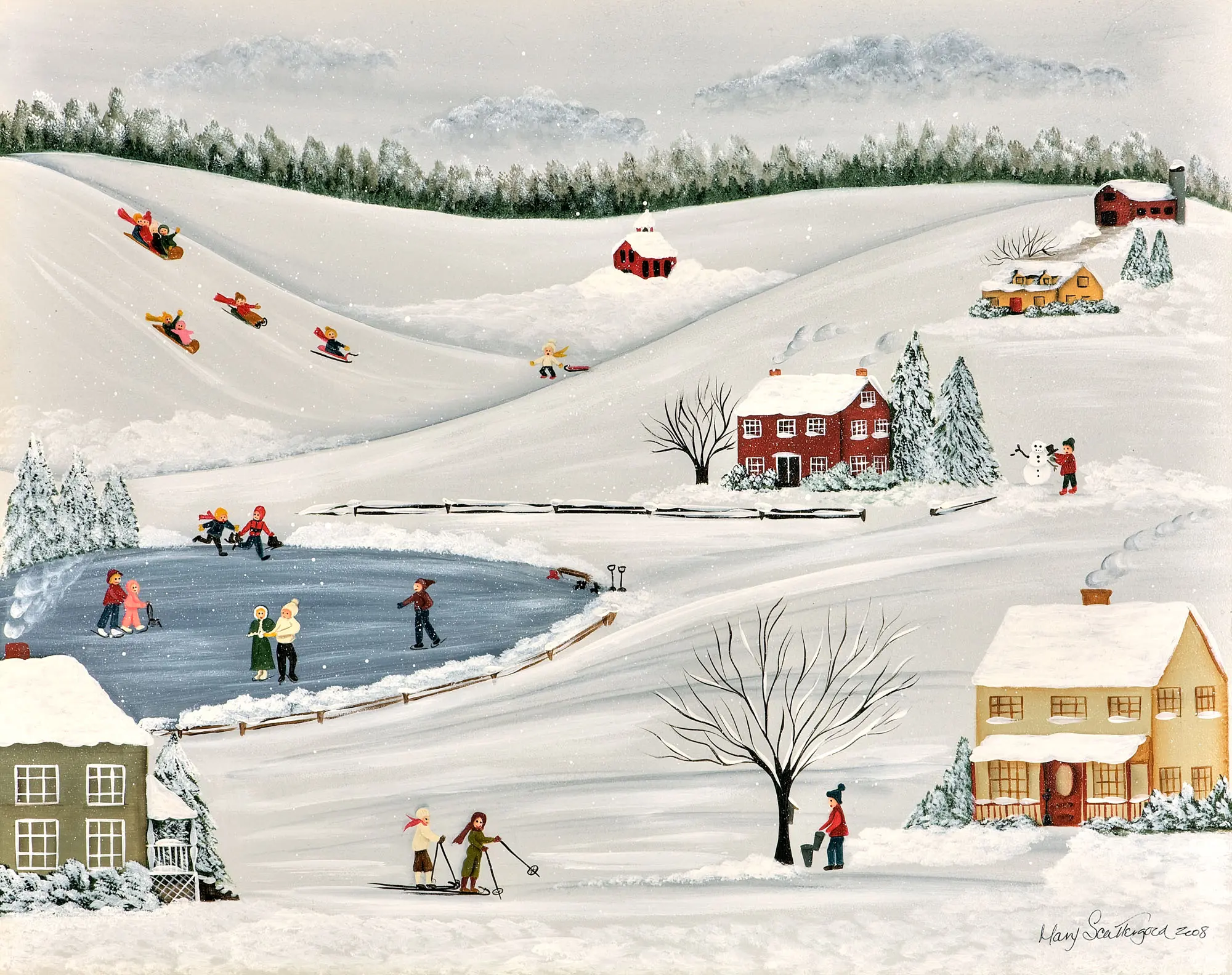 Winter landscape with sledding children