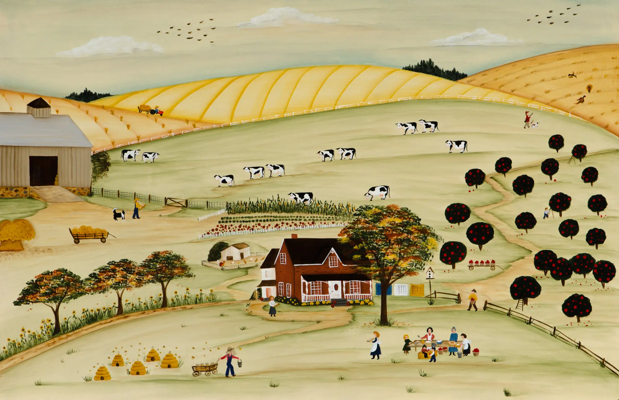 Rural painting showing fields and orchard