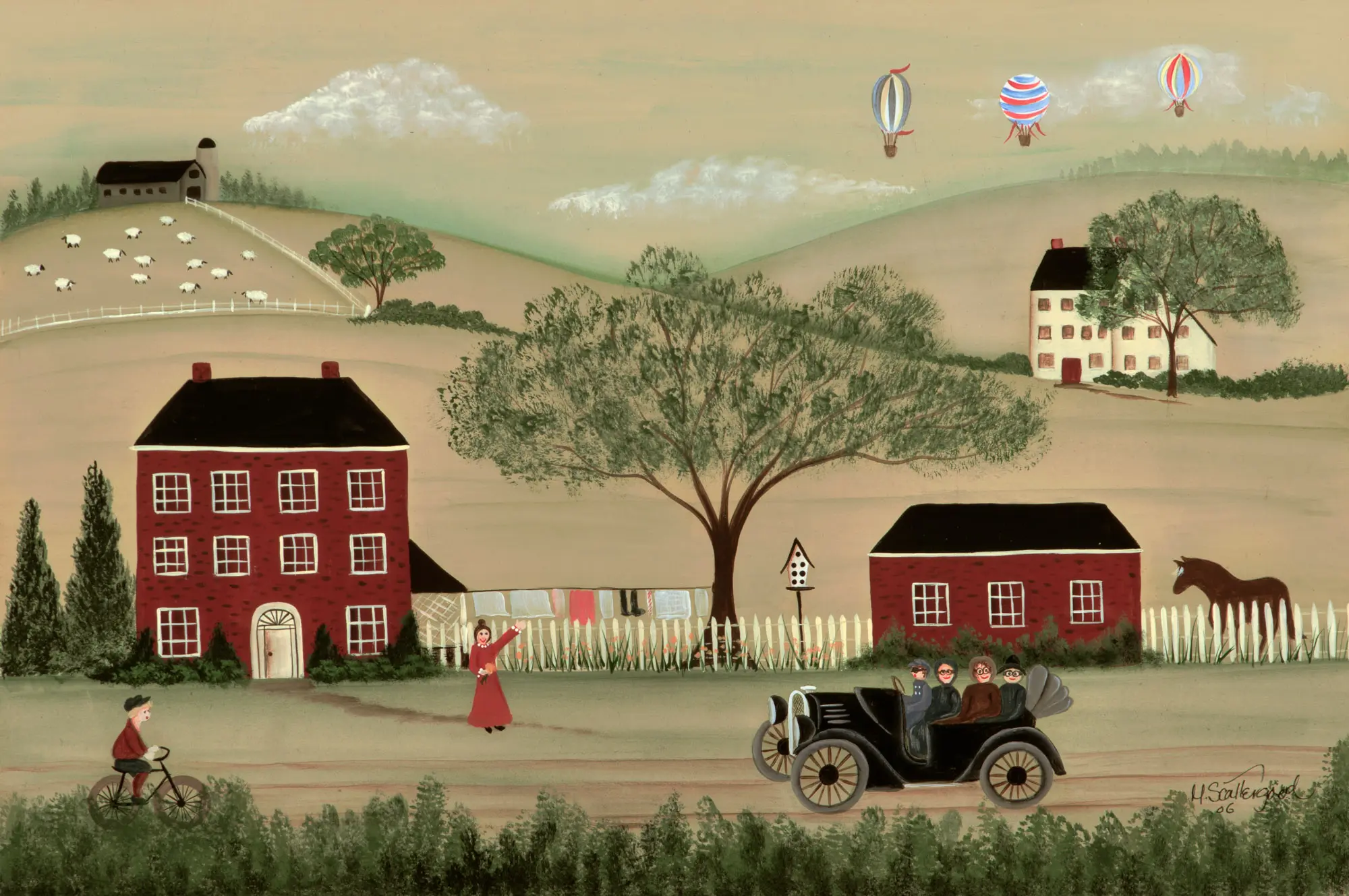 Idyllic village life with bicyclist and animals.