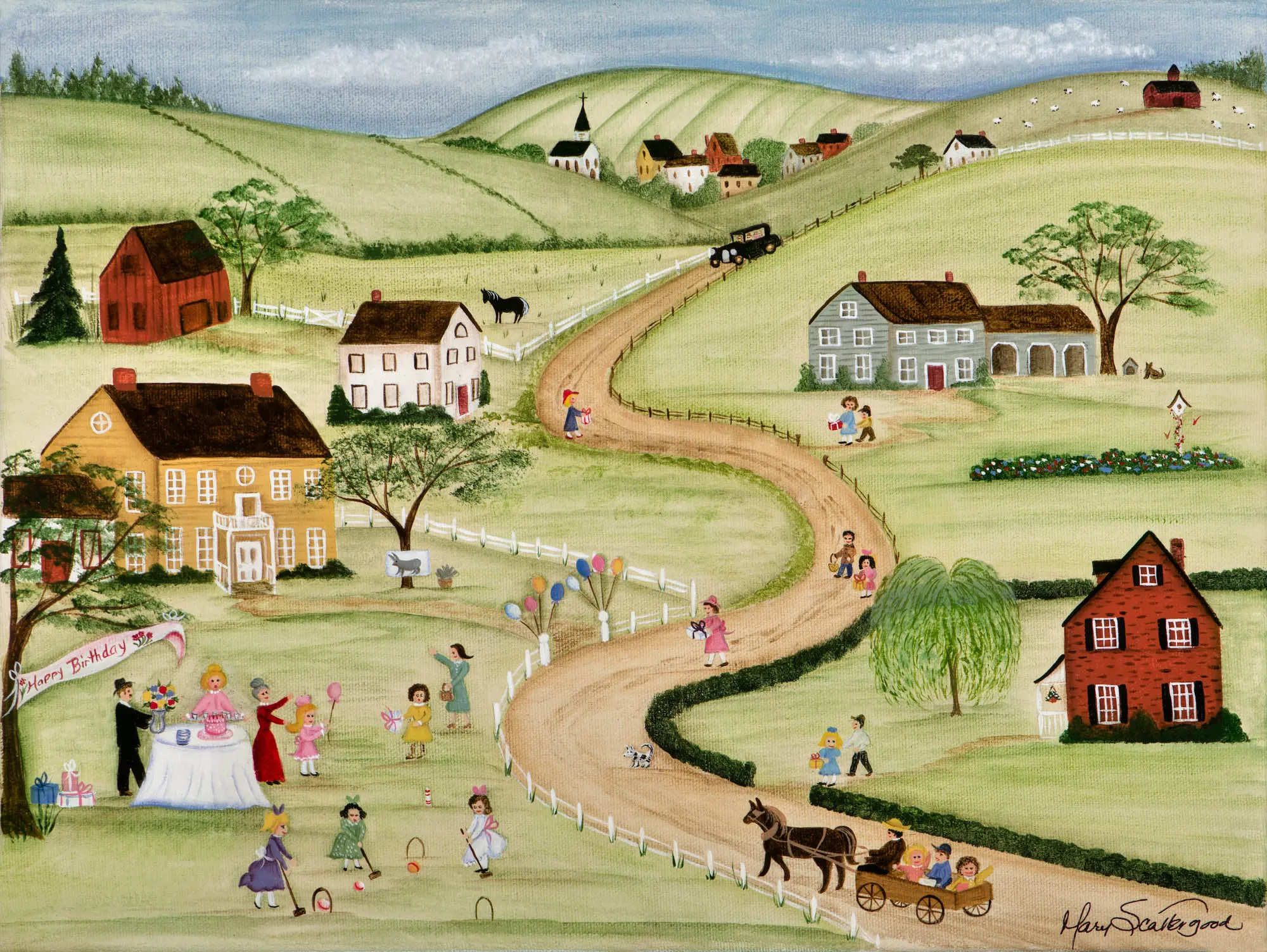 Country road with houses and people