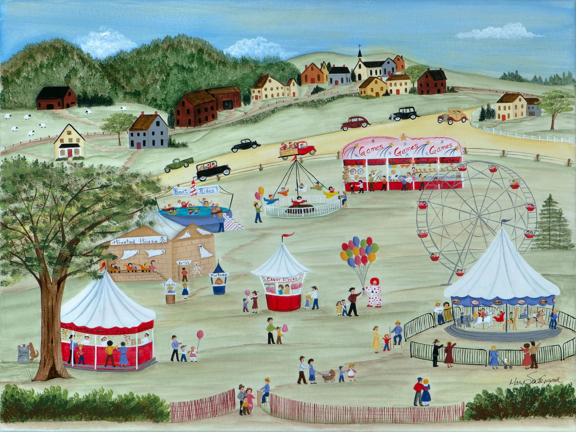 Colorful carnival with balloons and attractions.