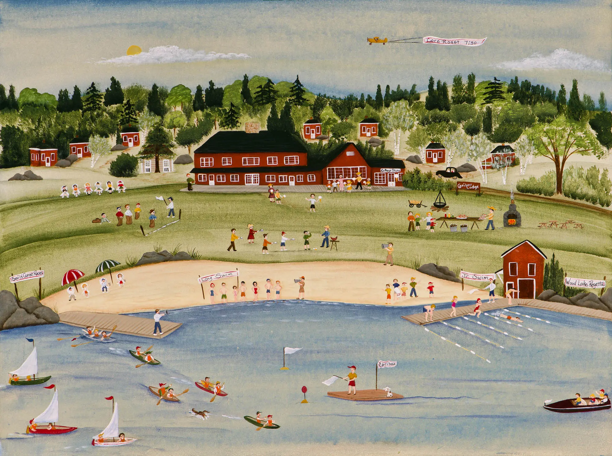 Lively waterfront with swimmers and rowboats