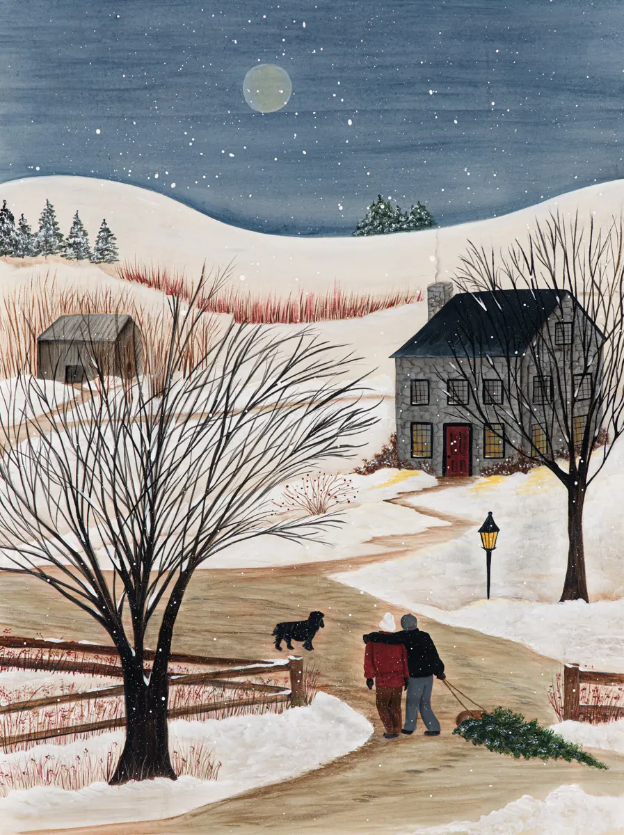 Nighttime walk in snowy countryside