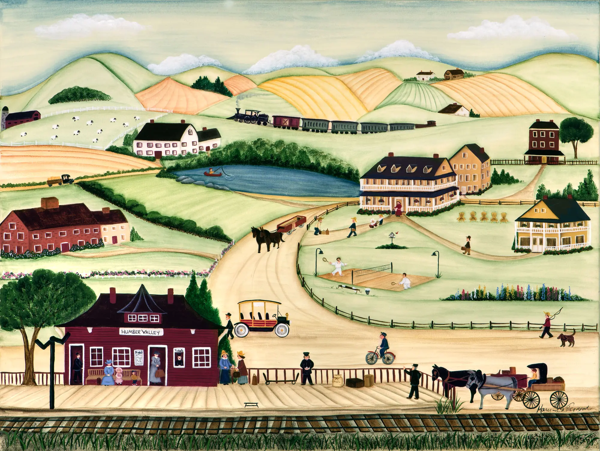 Rural landscape with farmhouses and hills